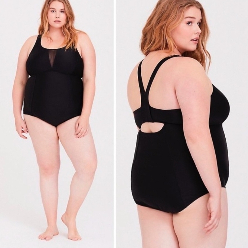 Torrid Black Mesh V Inset One Piece Racerback Swimsuit Size 3X NWT